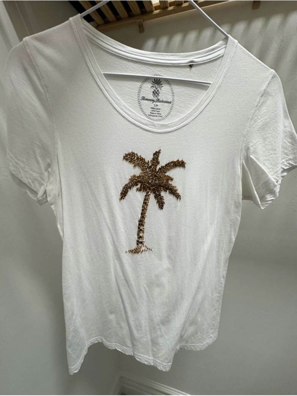 Tommy Bahama White Tee with Metallic Gold Sequin Palm